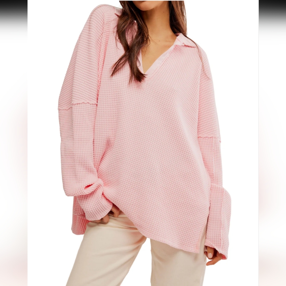 NWT We The Free Rosette Travis Waffleknit Oversized Pullover XS soft pink